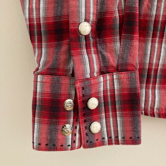 Red Plaid Rough Stock Western Shirt with Pearl Snap Buttons - Picture 5 of 6